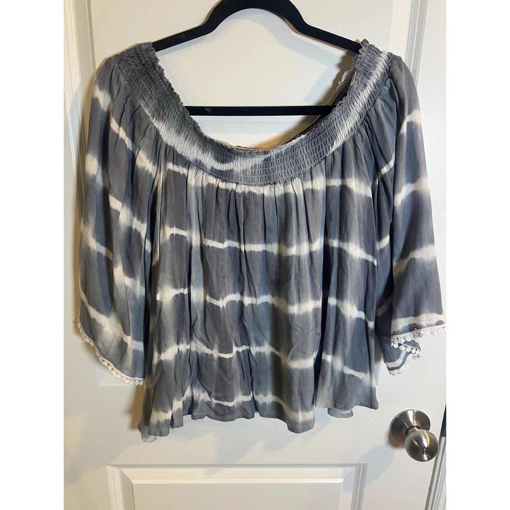 Sucrefas Womens‎ Blouse Tie Dye Smocked Off Shoulder Grey White Medium